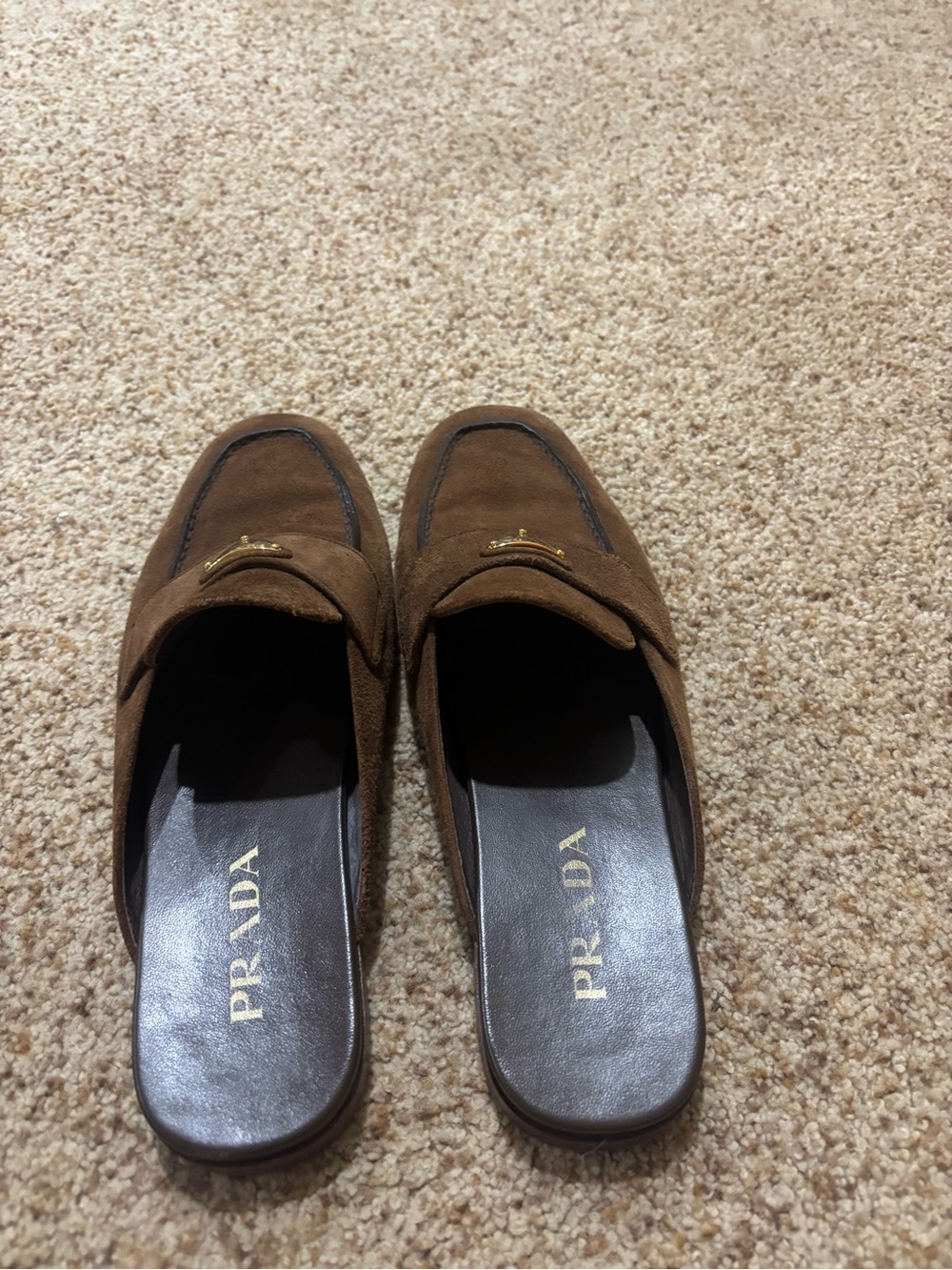 Prada Brown Suede Backless Loafer Mules with Gold Logo - Picture 4 of 8